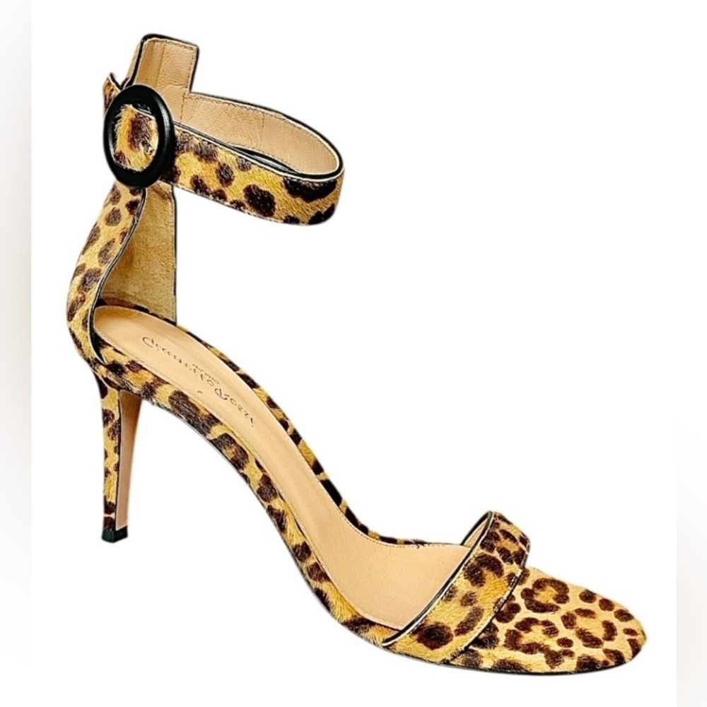 Gianvito Rossi Portofino Leopard Print Pony Hair Stiletto Heel Sandals 40.5